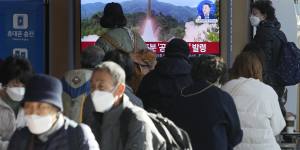 A TV screen shows a file image of North Korea’s missile launch during a news program at the Seoul Railway Station in Seoul,South Korea,Wednesday,Nov. 2,2022. South Korea says it has issued an air raid alert for residents on an island off its eastern coast after North Korea fired a few missiles toward the sea.