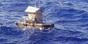 The wooden fish trap on which Aldi Novel Adilang spent 49 days adrift.