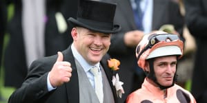 Black Caviar’s trainer Peter Moody gives the thumbs up after Black Caviar’s win at Royal Ascot.