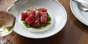 Tuna tartare with green pea and mint.