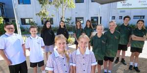 Melba College’s year 7 twins (from left):Troy and Tyson Watson,Sophie and Leah Plant,Charlotte and Ruby Phillpotts,Zack and Billy Loci and Alex and Scarlett Warren. Front:Maddie and Dakota Macpherson.