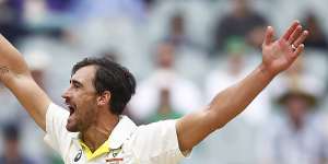 Mitchell Starc appeals for a wicket on Thursday as he bowled despite an injured finger.