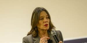 Democratic presidential hopeful Marianne Williamson speaks at a campaign stop in Keene,New Hampshire.