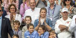 Federer’s wife,Mirka (centre),with (at front) their twin girls,Charlene and Myla,and twin boys,Lenny and Leo.