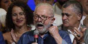 Luiz Inacio Lula da Silva speaks to supporters after defeating incumbent Jair Bolsonaro in a presidential run-off election.