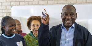 South African President Cyril Ramaphosa casts his ballot on Wednesday.