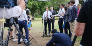 David Crisafulli faces journalists in Brisbane on T