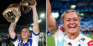 Sonny Bill Williams lifting the NRL premiership trophy in 2004 and his sister Niall Williams-Guthrie celebrating after the Titans won their 2023 NRLW semi-final.