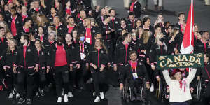 Canadian athletes enter the stadium during the Commonwealth Games opening ceremony.