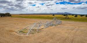 Downed transmission towers that collapsed near Geelong after wild weather last Tuesday.