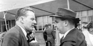 Rohan Rivett and Rupert Murdoch outside Adelaide Airport in 1955.