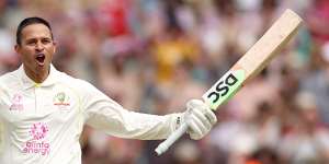 Khawaja celebrating the first of two centuries on his return to the Test side at the SCG in 2022 against England.