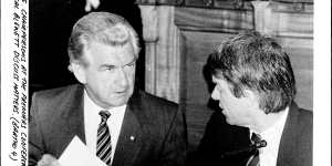 Bob Hawke and then health minister Neal Blewett at the premiers’ conference on the National Drug Strategy in April 1985.