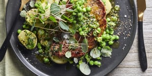 Minute steaks with buttery wasabi peas.