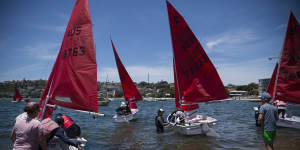 Mirror Dinghy class sailing boats launch before a race on Sydney Harbour. 