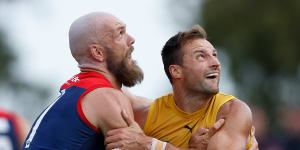 Max Gawn of the Demons and Toby Nankervis of the Tigers compete in a ruck contest. 