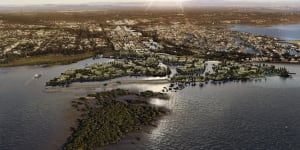 The Walker Group’s latest images for the controversial $1.4 billion Toondah Harbour at the Cleveland port. Cassim Island,used as a roosting site by international migratory birds is in the foreground.