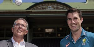 Foxtel boss Patrick Delany,pictured with Australian captain Pat Cummins,played down the implications of Amazon’s cricket deal.