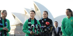 Matildas trio Alanna Kennedy,Lydia Williams and Steph Catley along with New Zealand's Rebekah Scott on Friday.