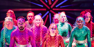 Peter and the Starcatcher’s mermaids:(Back row from left) Hugh Parker,Colin Lane and Peter Helliar;(middle row from left) John Bachelor,Lucy Goleby,Alison Whyte and Paul Capsis;and (front row from left) Ryan Gonzalez,Olivia Deeble and Benjin Maza.