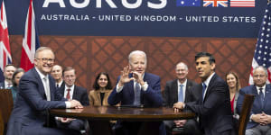 Prime Minister Anthony Albanese,United States President Joe Biden and UK Prime Minister Rishi Sunak in San Diego during their AUKUS meeting in March.