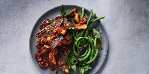 Steaks with warm Asian mushroom salad and snake beans.