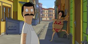 Bob Belcher (voiced by H. Jon Benjamin) and Linda Belcher (voiced by John Roberts) in The Bob’s Burgers Movie.