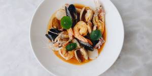 'Brodetto di Pesce'with scampi,king prawn,clams,mussels,scallop and squid.