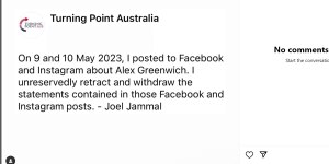 Joel Jammal and Turning Point Australia’s Instagram post retracting statements made about Alex Greenwich.