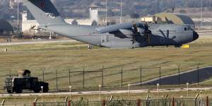 A Turkish Air Force A400M tactical transport aircraft is parked at Incirlik airbase in the southern city of Adana,Turkey,on Friday.