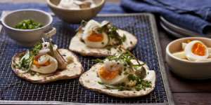 Karen Martini's Pan-fried pita with crab,egg,soft herbs&capers.