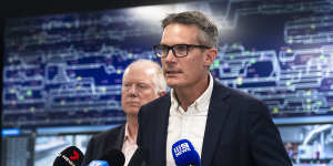 Sydney Trains chief executive Matt Longland speaks to reporters on Saturday.