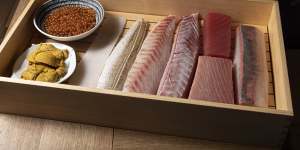 The “jewel box” of raw fish and roe,ready to become nigiri at Aoi Tsuki.