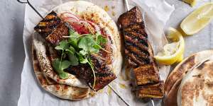 Eggplant shawarma with sumac pickled radishes and tahini.