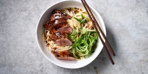 Spicy Sichuan pork with cold sesame noodles.