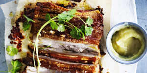 Adam Liaw's quick roast pork belly served with sour applesauce.