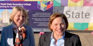 Former deputy premier Jackie Trad with Inner City South State Secondary College executive principal Kirsten Ferdinands.