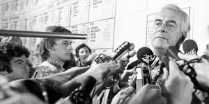 Gough Whitlam on election night,1975. This image was released by the National Archives of Australia.