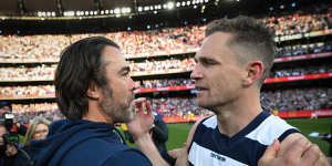Chris Scott and Joel Selwood after the siren.