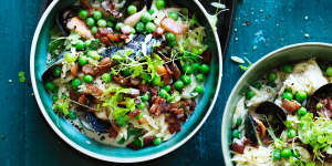 Midweek mussels:Big bowls of mussels,risoni,peas and bacon.