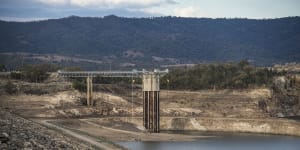 Burrendong Dam as it sank to just 4.6 per cent full in late August,2019. Without good rains and efforts to pump so-called'dead water',flows on the Macquarie River could cease by November.