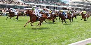 Argentia storms to victory at Flemington in John Camilleri’s silks.