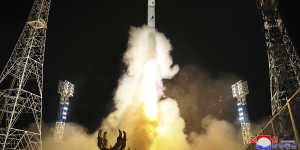 An image provided by the North Korean government depicting the launch of a military spy satellite in November. Independent journalists were not given access to cover the event.