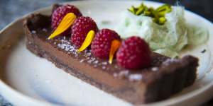 Salted dark chocolate tart and fairy floss.