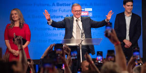 Labor leader Anthony Albanese claims victory in the 2022 federal election.