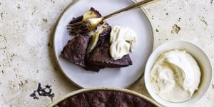 Brownie pudding with poached pears.