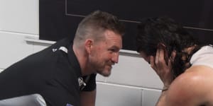 Nathan Buckley consoles ruckman Brodie Grundy in 2018 when both were at Collingwood and featured in the documentary Collingwood:From the Inside Out.