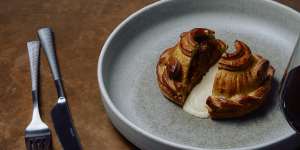 Celeriac pithivier with onion and stout gravy poured tableside.⁠