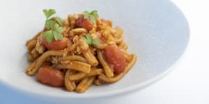 Go-to dish:Casarecce pasta with spanner crab,roast cherry tomato and prawn oil.