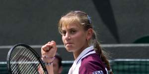 Jelena Dokic,at 16,on her way to a shock defeat of Martina Hingis 6-2,6-0 at Wimbledon in 1999.